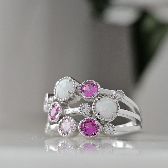 Opal and Pink Swarovski  crystal bauble ring, 925 Sterling Silver Charmed Aroma - Picture 2 of 9